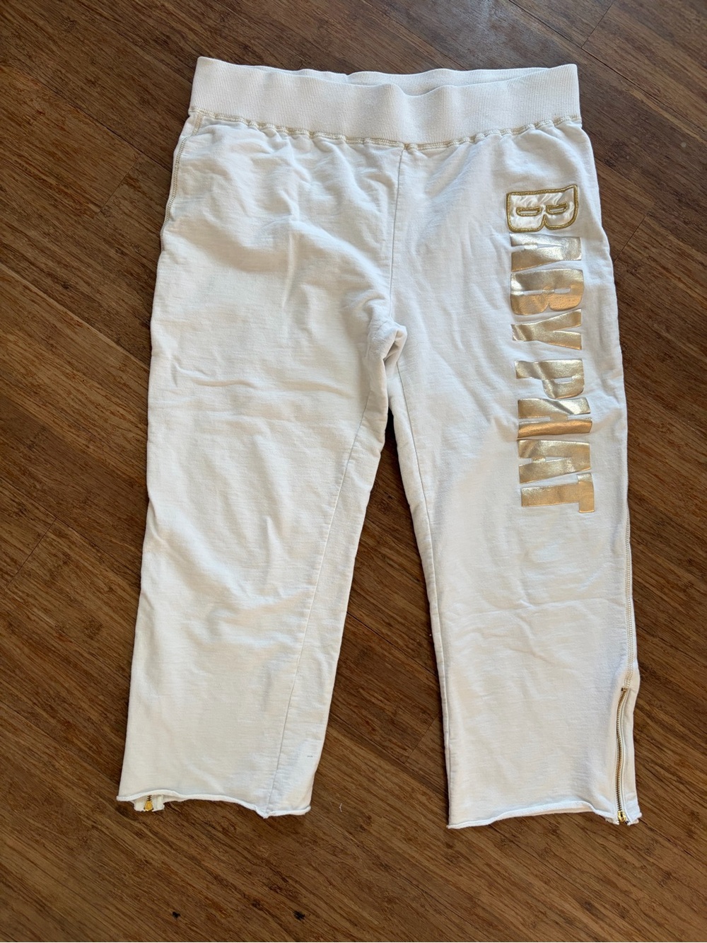 Vintage Baby Phat White & Gold Metallic Logo Cropped Sweatpants Size M